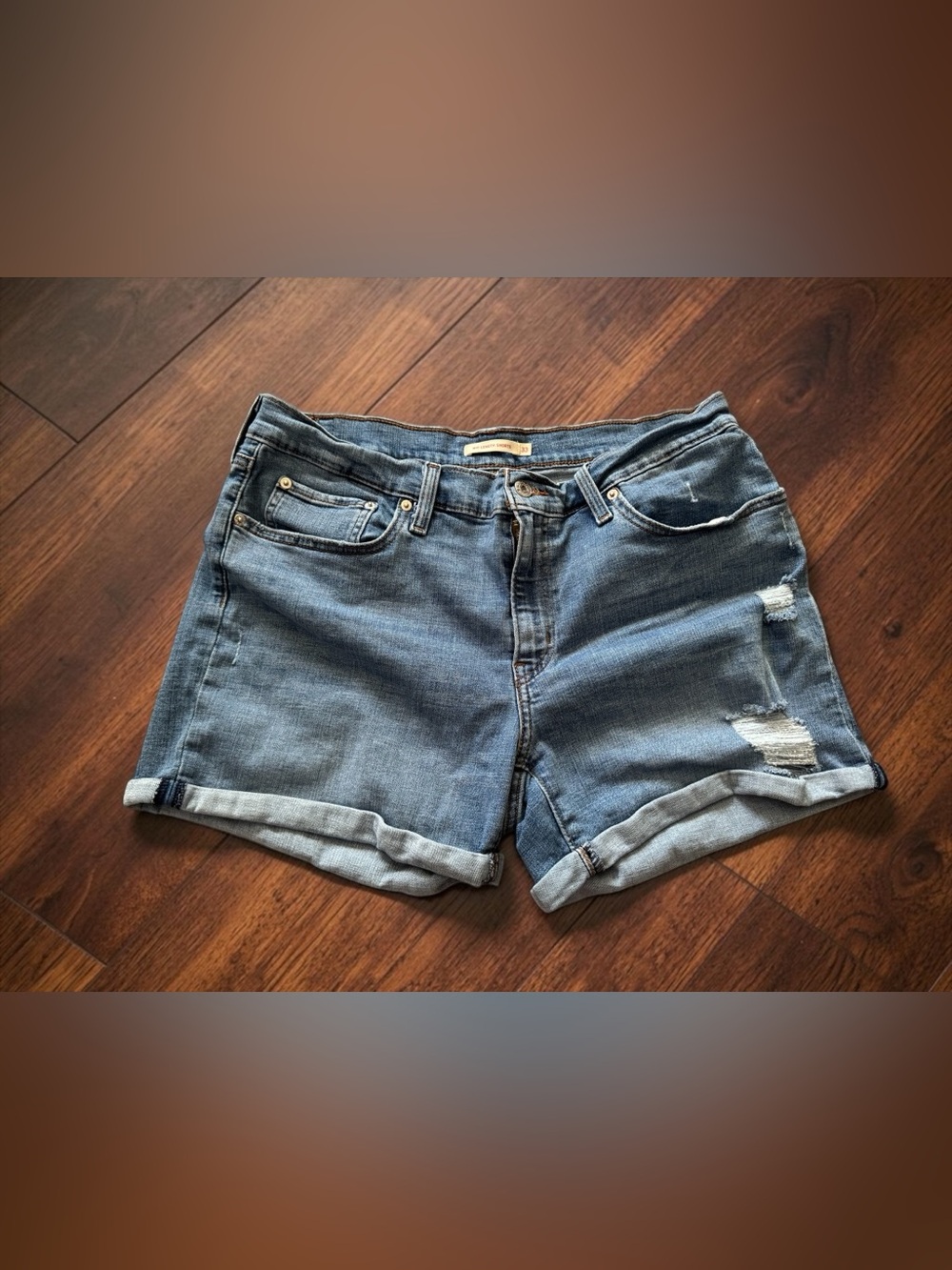 Levis Womens Mid Length Denim Shorts Size 33 Blue Distressed Cuffed Jean Shorts